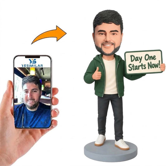 Custom Male Day One Starts Now Sign Bobblehead