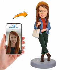 Custom Female Hipster with Beanie and Tote Bag Bobblehead