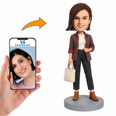 Custom Female Plaid Shirt with Tote Bag Bobblehead