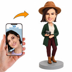 Custom Female Photographer with Hat Bobblehead