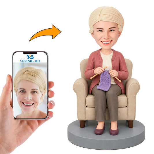 Custom Female Knitting in Armchair Bobblehead