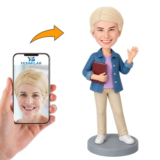 Custom Female Waving with Book Bobblehead
