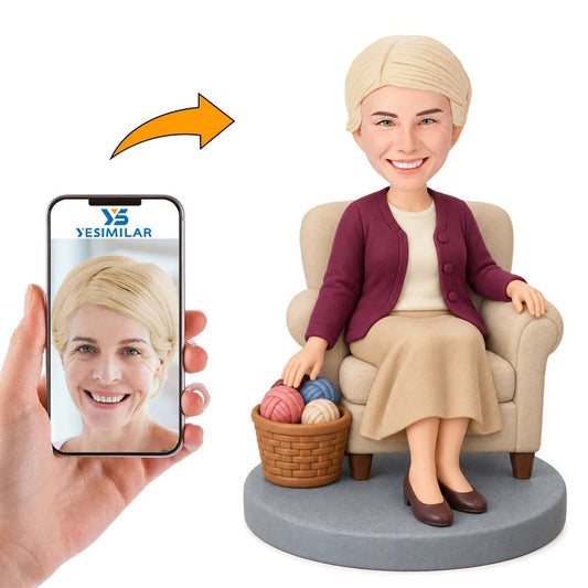 Custom Female Sitting with Yarn Basket Bobblehead
