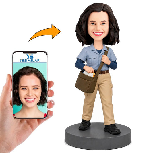 Custom Female Mail Carrier with Mail Satchel Bobblehead
