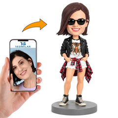 Custom Female Hipster Leather Jacket Bobblehead