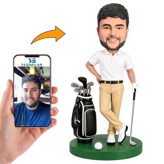 White Polo Golfer Bobblehead with Golf Bag custom bobblehead made from a photo