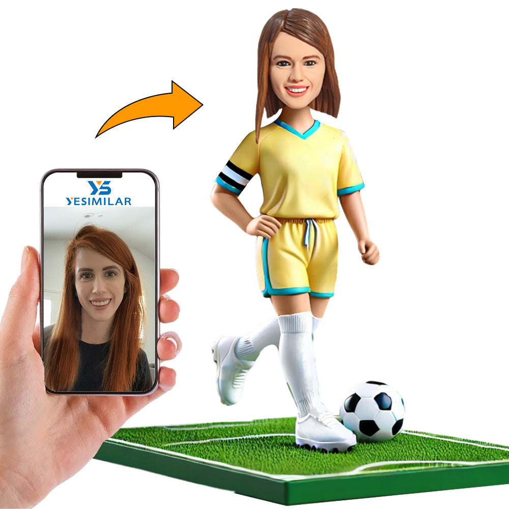 Yellow Suit Female Soccer Player Custom Bobbleheads