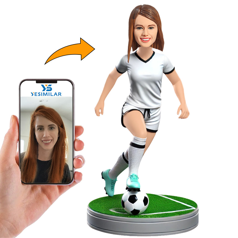 White Suit Female Soccer Player Custom Bobbleheads