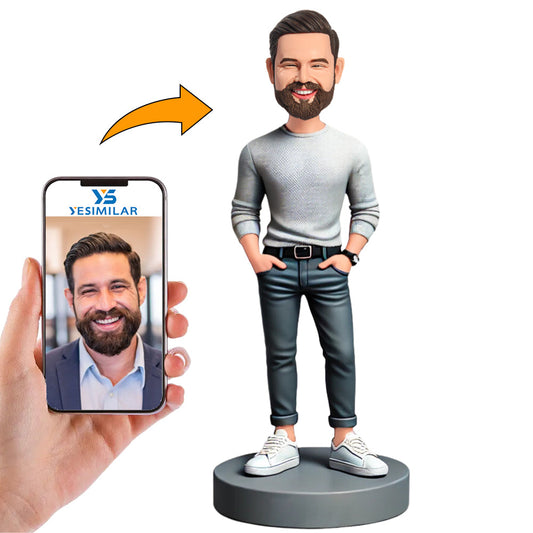 Grey Shirt Cool Casual Man Custom Bobbleheads