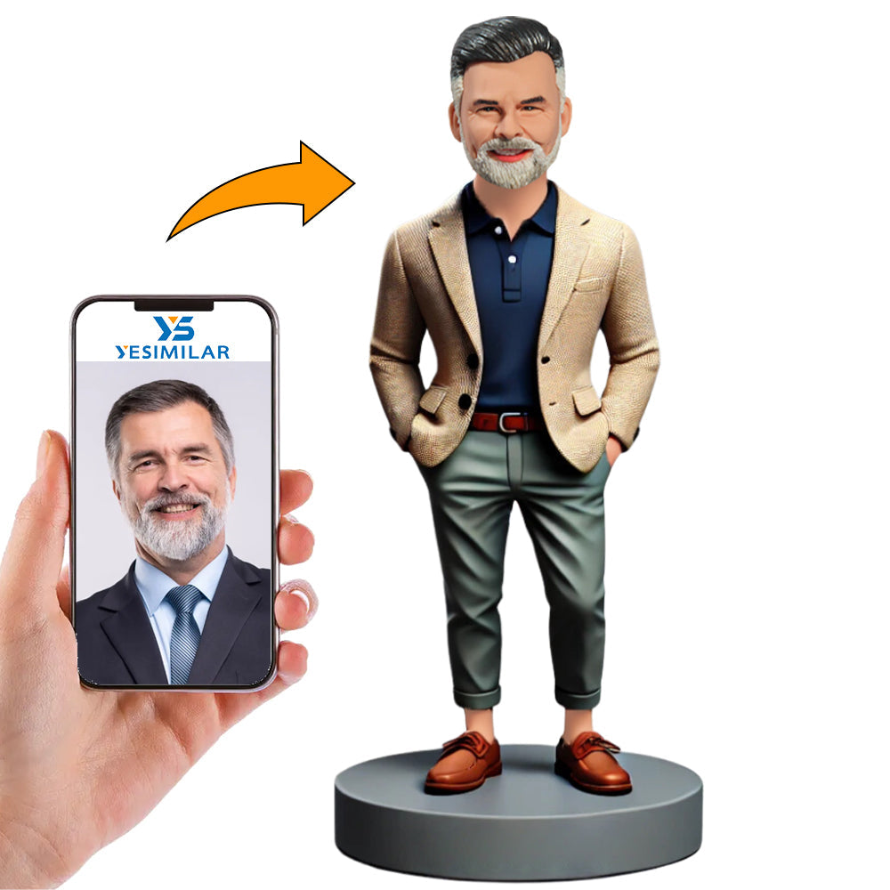 Fashionable Man in Brown Coat Custom Bobbleheads Gifts