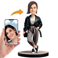 Fashionable Woman in Leather Coat Custom Bobbleheads