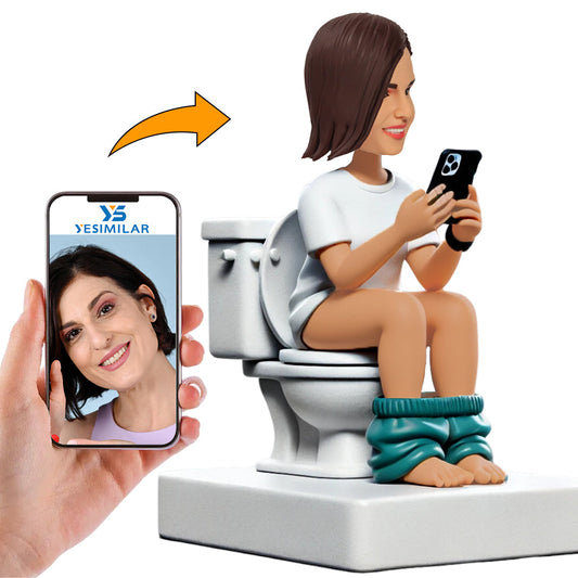 Woman Sitting on Toilet Playing Phone Custom Bobbleheads