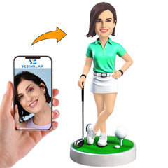 Green Shirt Woman Golfer Custom Bobbleheads