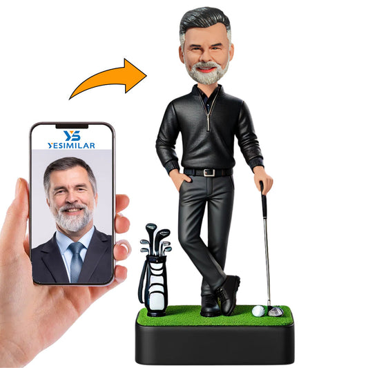 Black Suit Golfer with Golf Bags Custom Bobbleheads