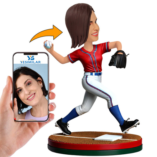 Red Shirt Female Baseball Player Custom Bobbleheads Personalized Gifts