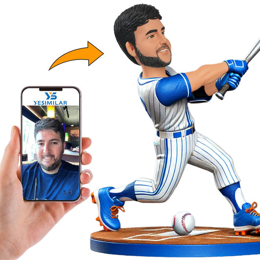 Baseball Player in Blue and White Striped Sportswear Custom Bobbleheads