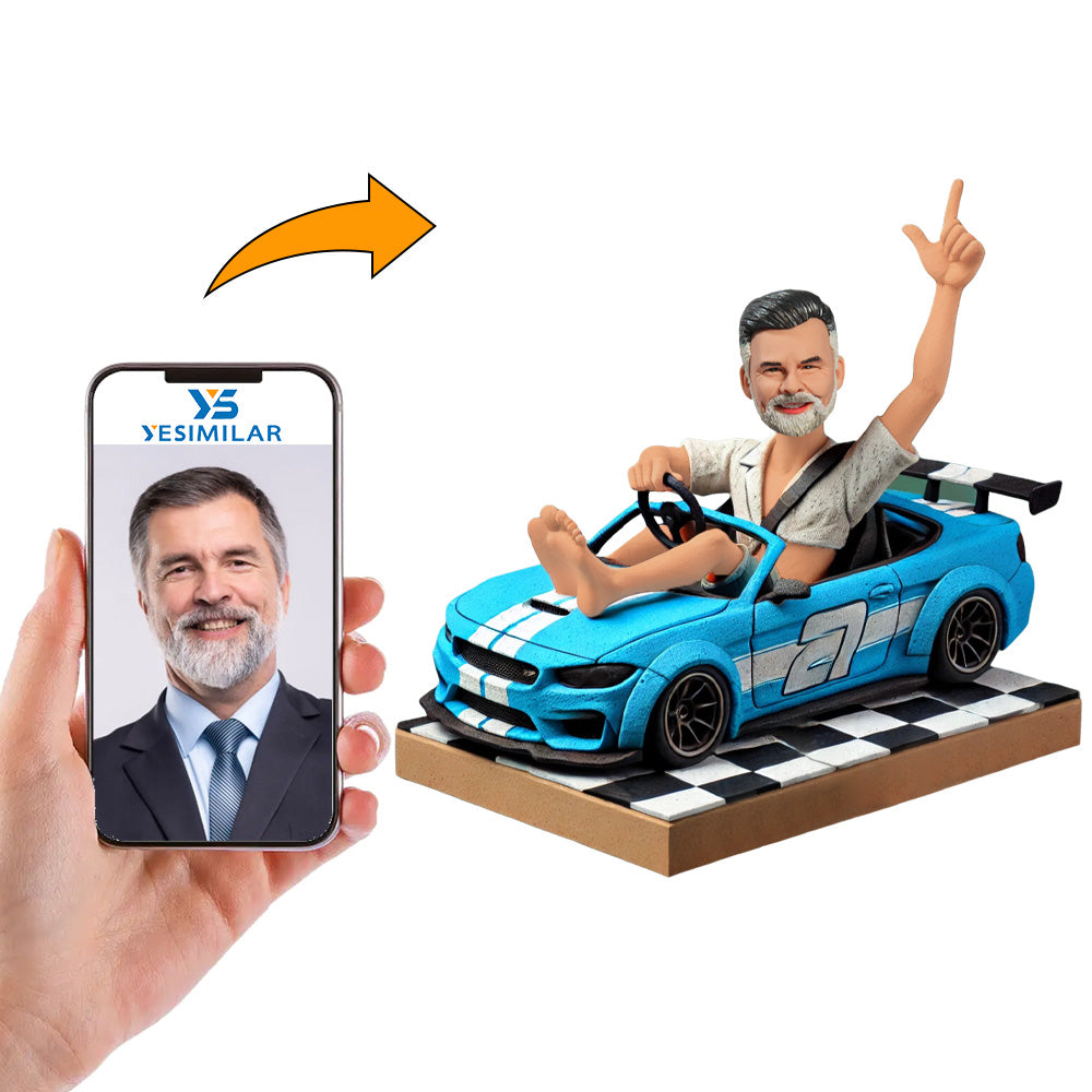 Man Driving Blue Racing Car Custom Bobbleheads