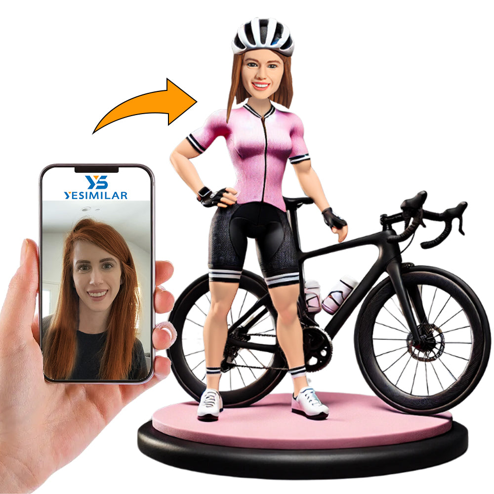 Woman Cyclist with Hat Custom Bobbleheads Personalized Figures