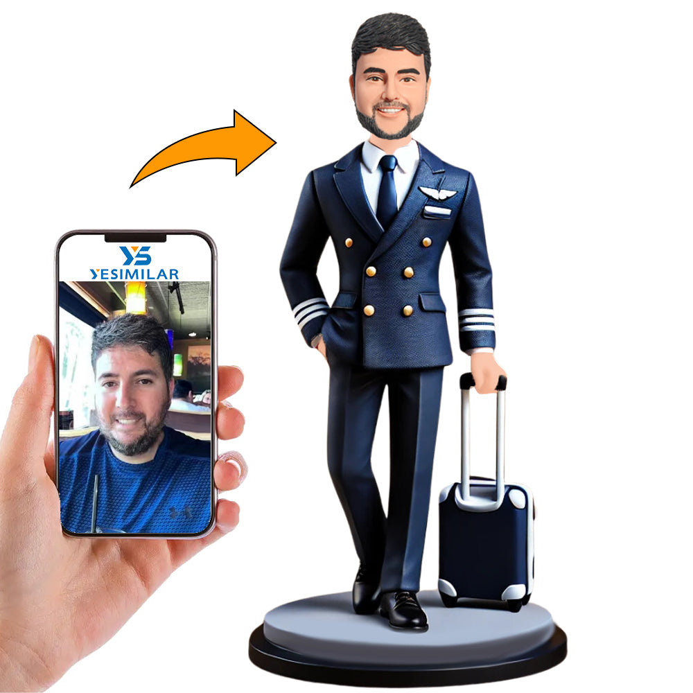 Male Pilot Pulling Suitcase Custom Bobbleheads