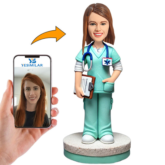 Green Uniform Nurse Custom Bobbleheads Personalized Figures