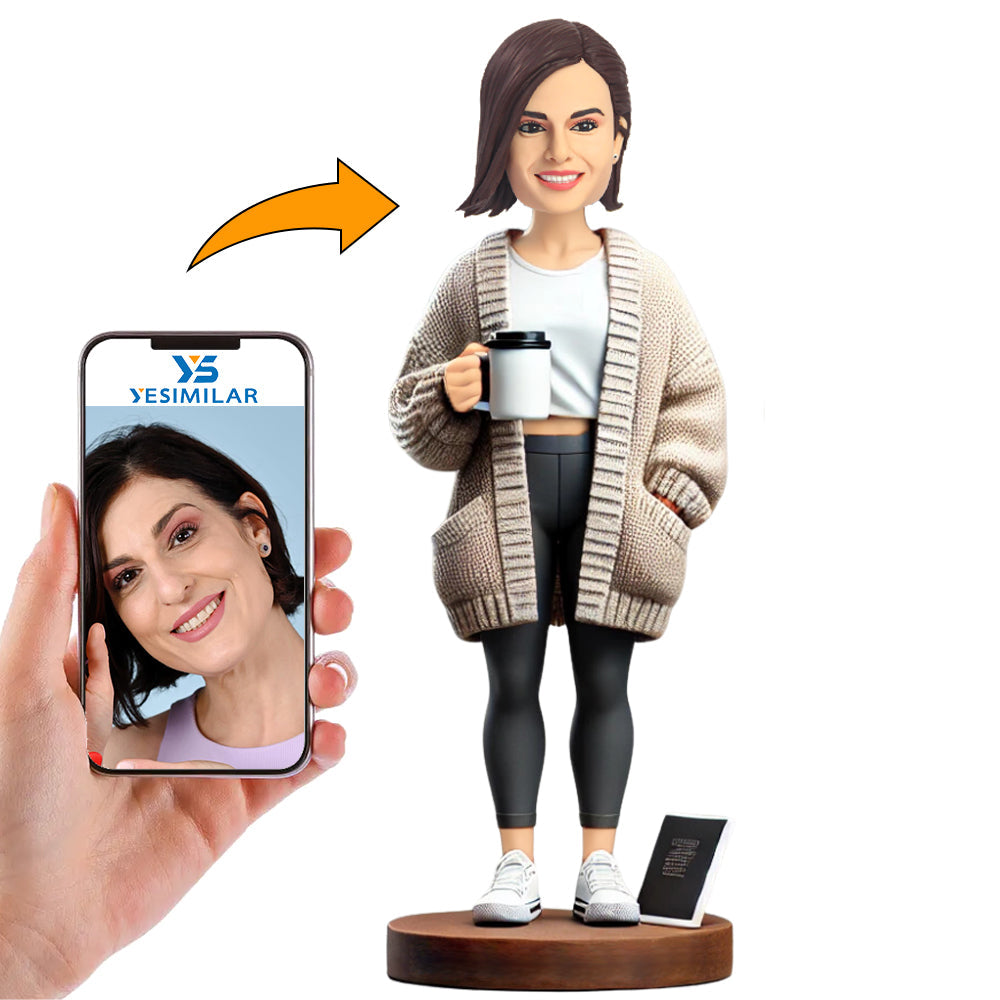 Fashionable Woman in Sweater Holding Water Glass Custom Bobbleheads