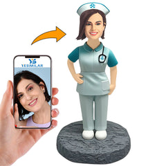 Female Nurse in White Green Coat And Hat Custom Bobbleheads