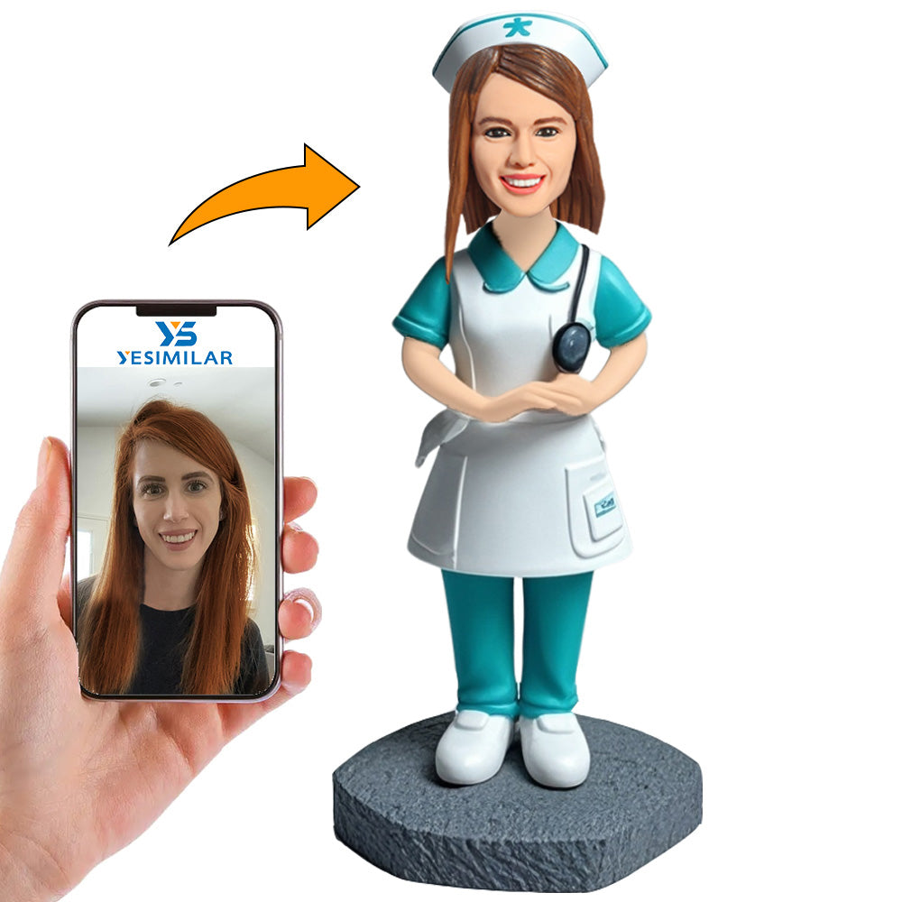 Female Nurse in Blue And White Surgical Gown Custom Bobbleheads