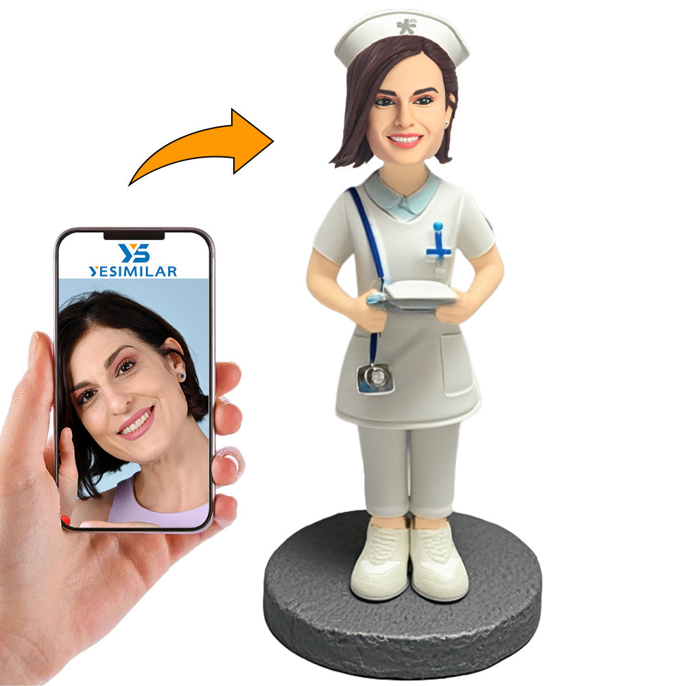 Female Nurse Wearing Stethoscope Holding Notebook Custom Bobbleheads