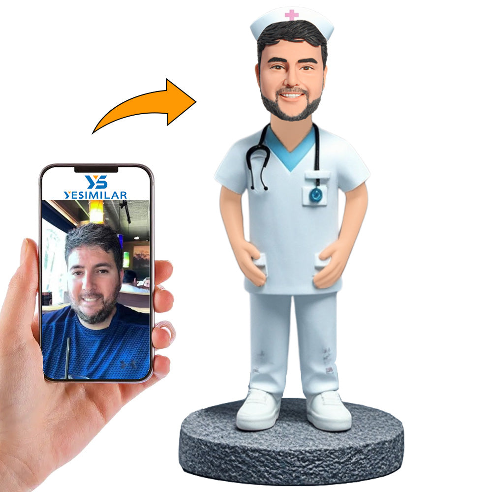 Male Nurse Wearing Stethoscope Holding Notebook Custom Bobbleheads