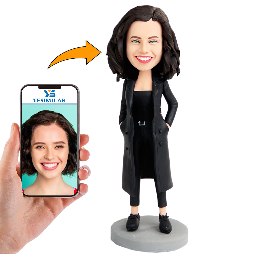 Fashionable Woman in Black Trench Coat Custom Bobbleheads