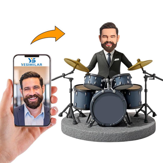 Drummer Seated Behind Full Drum Set Custom Bobbleheads