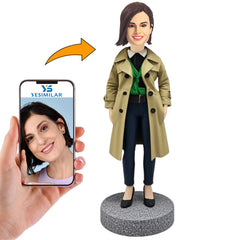 Fashionable Woman in Beige Trench Coat Custom Bobbleheads