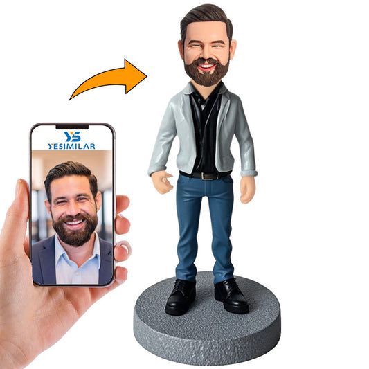 Stylish Casual Man in Grey Coat Custom Bobbleheads