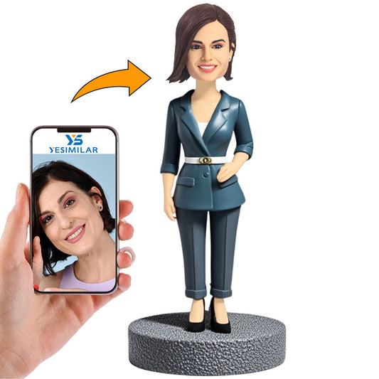 Clean & Simple Blue Coat Female Custom Bobbleheads