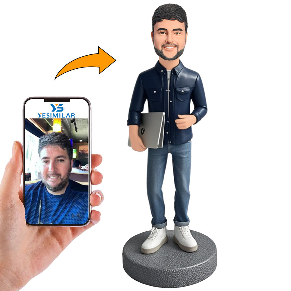 Handsome Male Programmer Holding Laptop Custom Bobbleheads