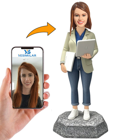 Female Programmer Holding Tablet and Laptop Custom Bobbleheads