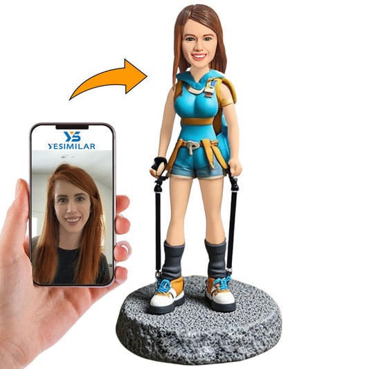 Girl in Blue Suit Climbing Mountain Custom Bobbleheads