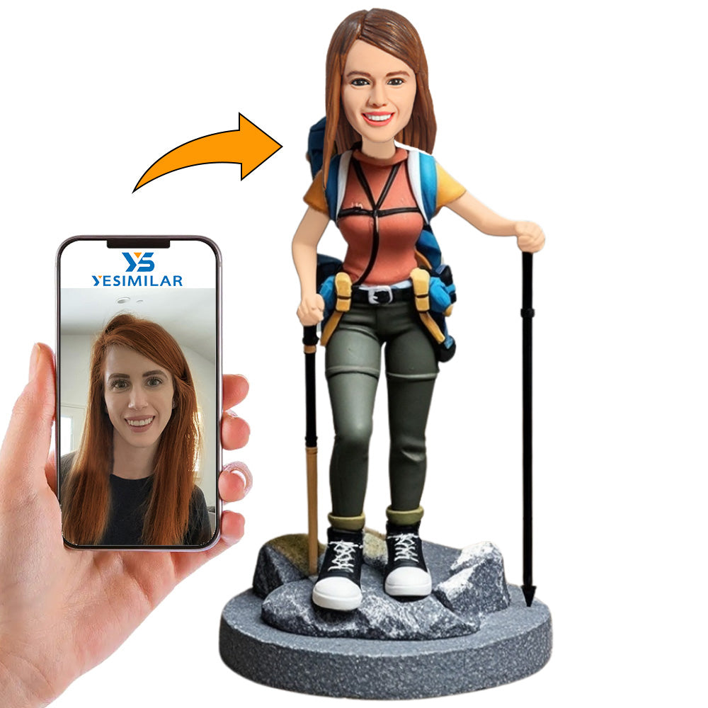 Woman Climbing Mountain While Standing on Rock Custom Bobbleheads