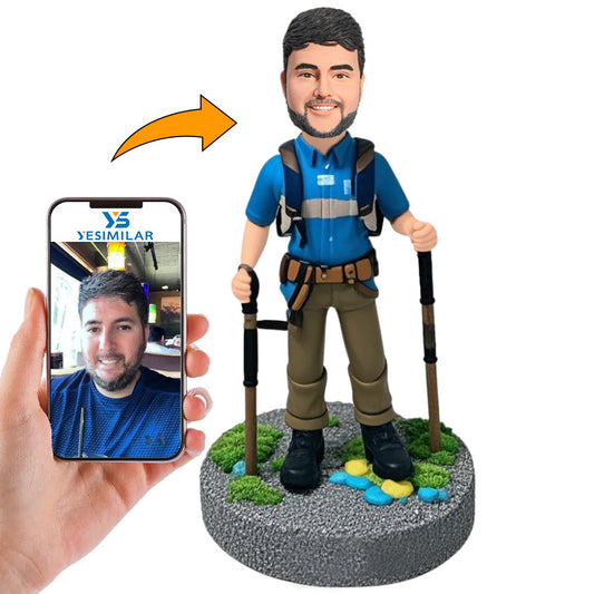 Boy Wearing Blue T-shirt Climbing The Mountain Custom Bobbleheads