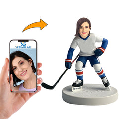 Blue And White Suit Female Hockey Player Custom Bobbleheads