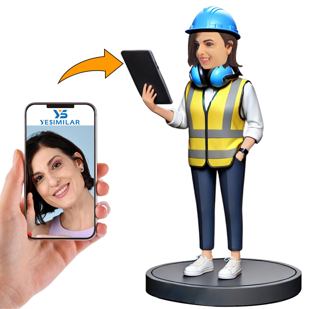 Female Engineer with Headphones And Hard Hat Custom Bobbleheads