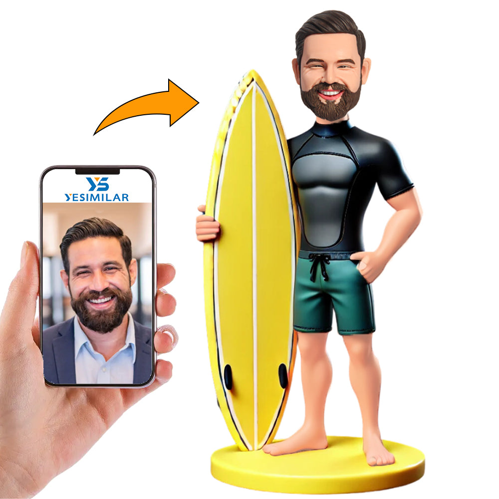 Man Holding Yellow Surfboard Custom Bobbleheads