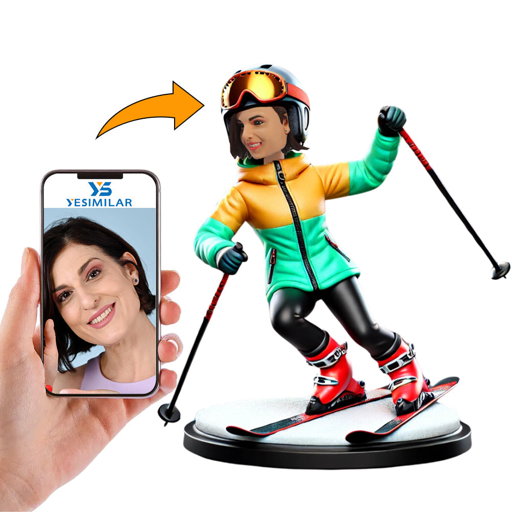 Handsome Woman in Skiing Pose Custom Bobbleheads