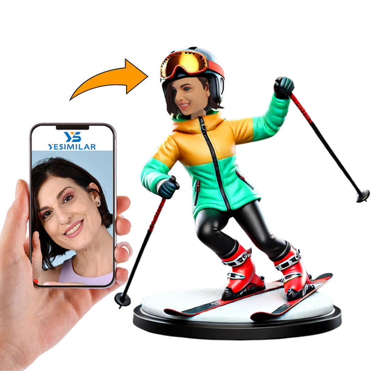 Handsome Woman in Skiing Pose Custom Bobbleheads