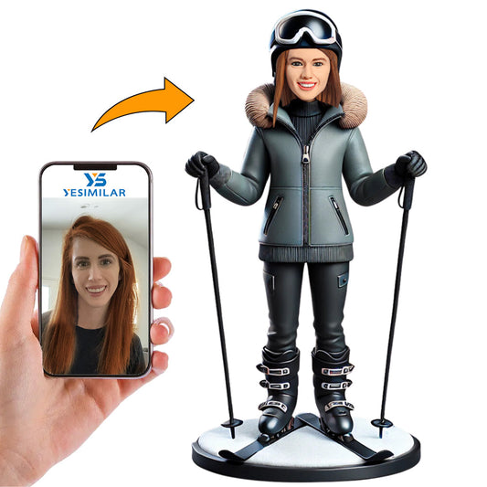 Female Skier in Down Jacket Custom Bobbleheads