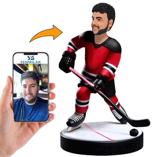 Hockey Player in Red and Black Sportswear Custom Bobbleheads