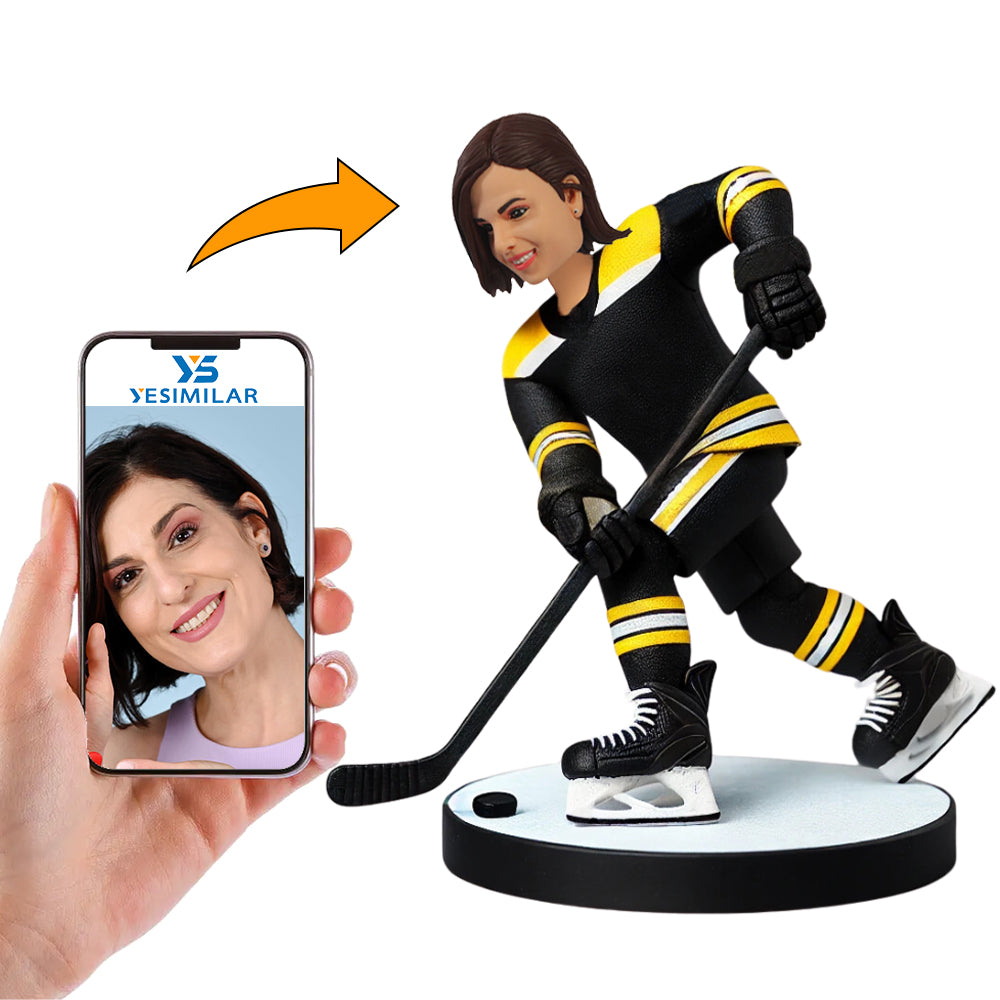 Black Suit Female Hockey Player Custom Bobbleheads