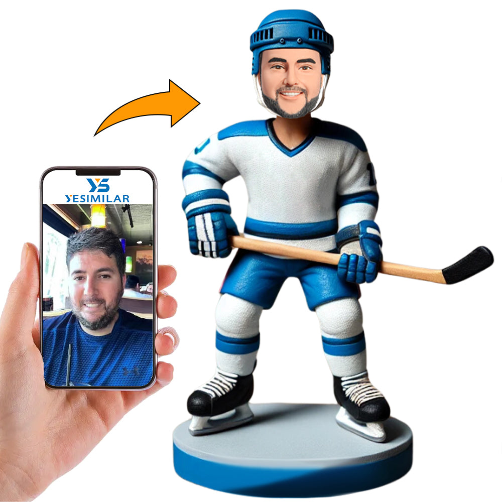 Male Hockey Enthusiast with Blue Hat Custom Bobbleheads Personalized Doll