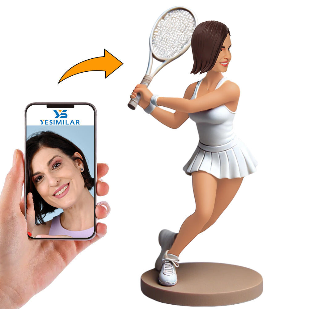 Female Tennis Player in White Skirt Custom Bobbleheads