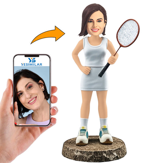 White Suit Female Badminton Player Custom Bobbleheads